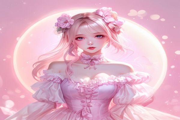 萌白酱个人形象展示图，清新二次元风格，身着精致cosplay服装，背景柔和粉色光晕，展现创作者独特魅力