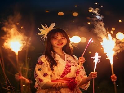 萌白酱和风浴衣写真，夏日祭典场景，手持烟花在夜色中微笑，温柔的暖黄灯光营造浪漫氛围