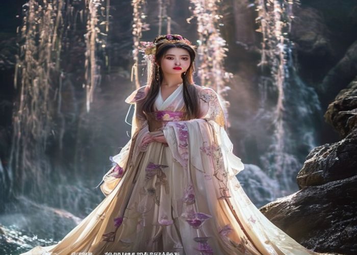 萌白酱年度最受欢迎cosplay视频封面，华丽的古风仙侠造型在瀑布前拍摄，霞光映衬下如画如诗