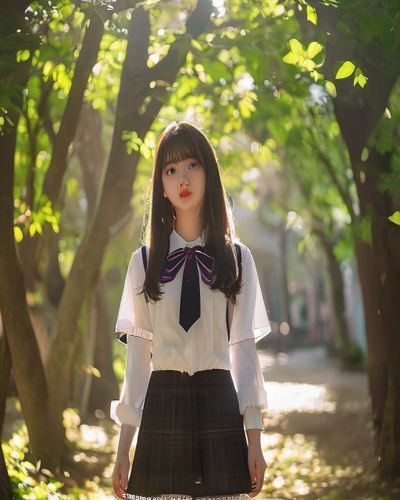 萌白酱日系学生制服写真，校园场景拍摄，阳光透过树叶洒落，青春气息满溢，画面温暖明亮