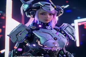 萌白酱游戏角色cosplay短片封面，未来科技风机甲造型，霓虹灯光渲染，赛博朋克风格强烈