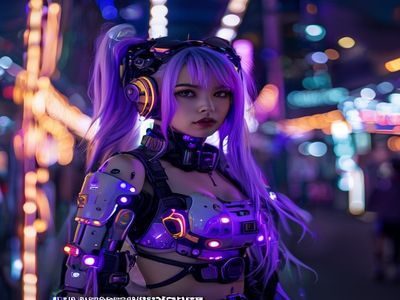 萌白酱赛博朋克风格cosplay，霓虹灯光映照下的未来都市场景，紫色发丝与机械配件相得益彰