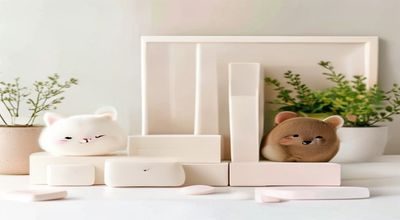 萌白酱限定周边产品开箱展示，精美亚克力立牌与抱枕套装在桌面整齐陈列，粉丝向产品质感精良