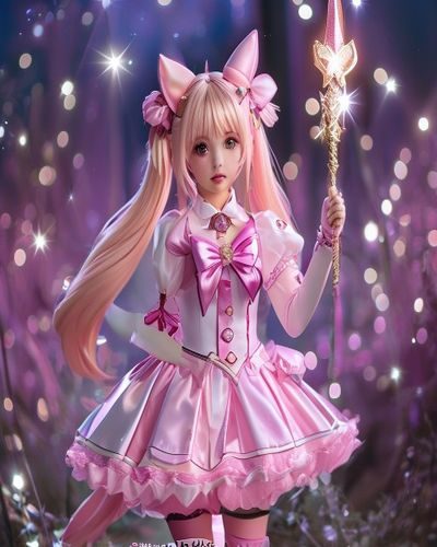 萌白酱魔法少女系列cosplay，粉色蓬蓬裙配精致魔法棒道具，表情甜美可爱，背景梦幻星光